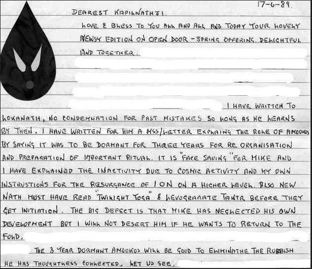 1989 handwritten letter from Mahendranath to Kapilnath, forgiving Lokanath’s errors and suggesting a 3-year AMOOKOS dormancy.